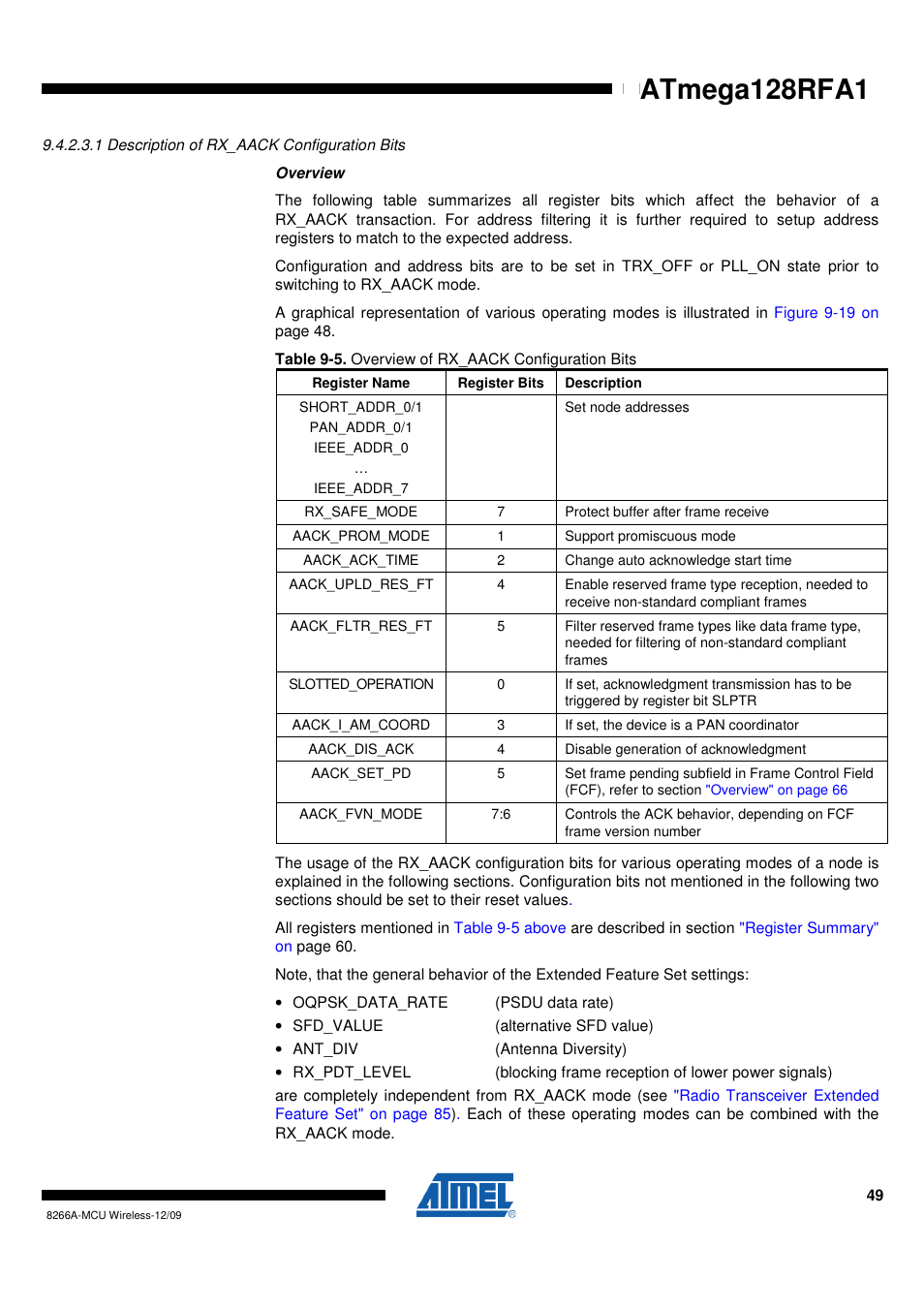 1 description of rx_aack configuration bits, Description of rx_aack configuration bits" on, Atmega128rfa1 | Rainbow Electronics ATmega128RFA1 User Manual | Page 49 / 524