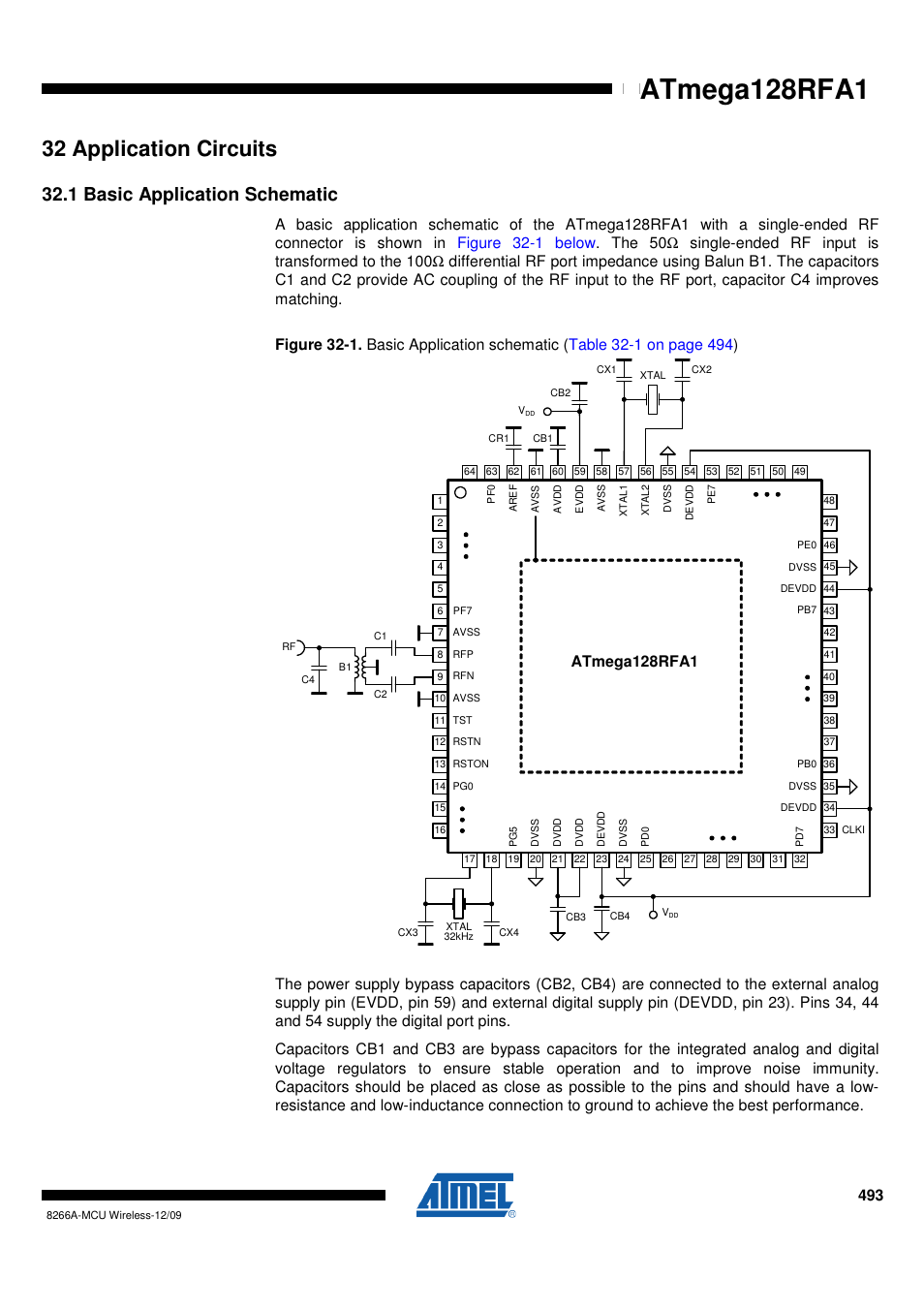32 application circuits, 1 basic application schematic, Atmega128rfa1 | Rainbow Electronics ATmega128RFA1 User Manual | Page 493 / 524