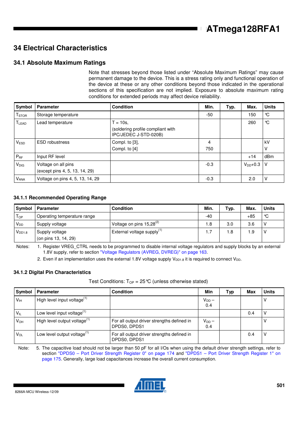 34 electrical characteristics, 1 absolute maximum ratings, 1 recommended operating range | 2 digital pin characteristics, Electrical, Atmega128rfa1 | Rainbow Electronics ATmega128RFA1 User Manual | Page 501 / 524