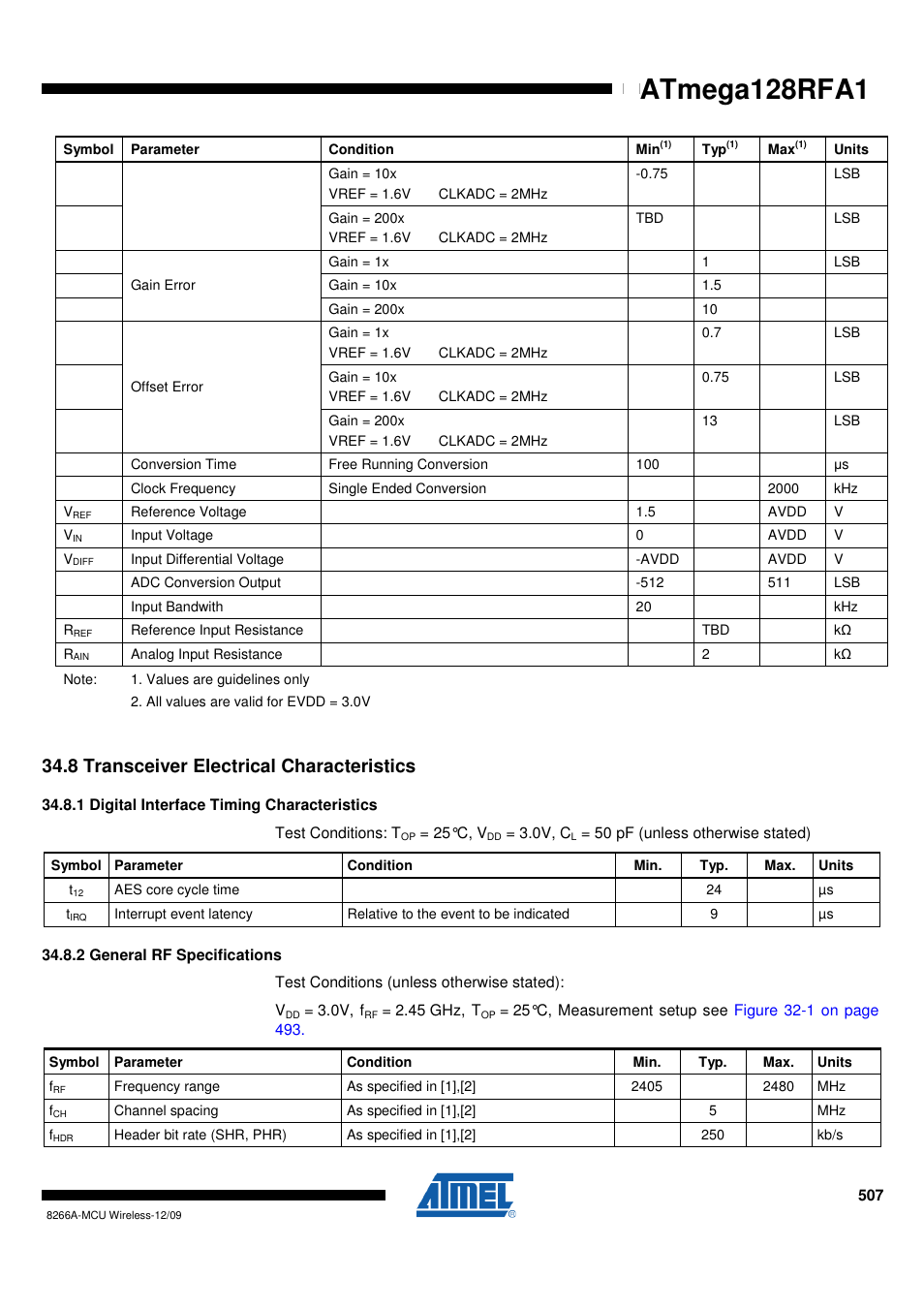 8 transceiver electrical characteristics, 1 digital interface timing characteristics, 2 general rf specifications | Digital interface timing, Digital, General rf, Digital interface, Atmega128rfa1 | Rainbow Electronics ATmega128RFA1 User Manual | Page 507 / 524