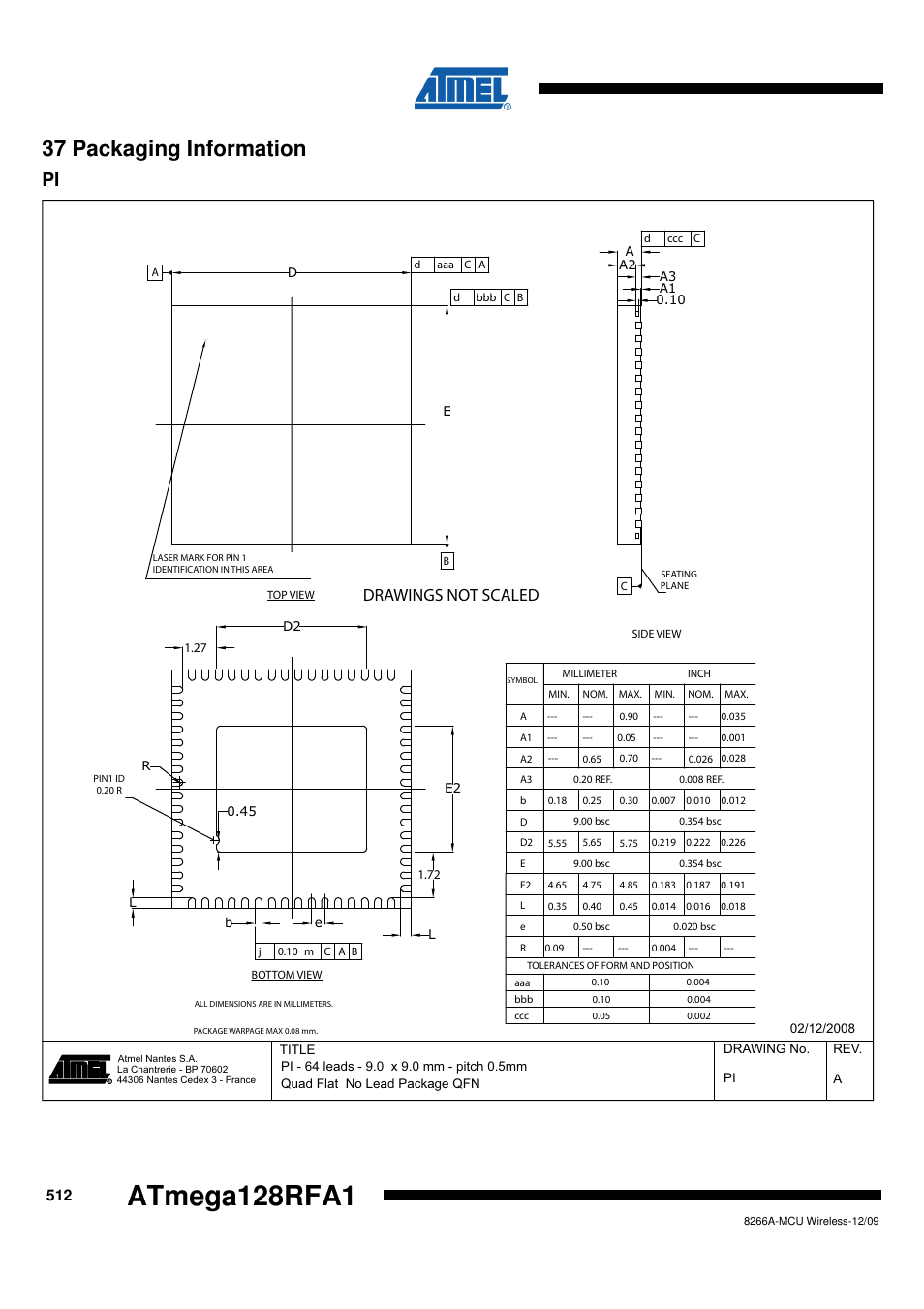 37 packaging information, Atmega128rfa1 | Rainbow Electronics ATmega128RFA1 User Manual | Page 512 / 524