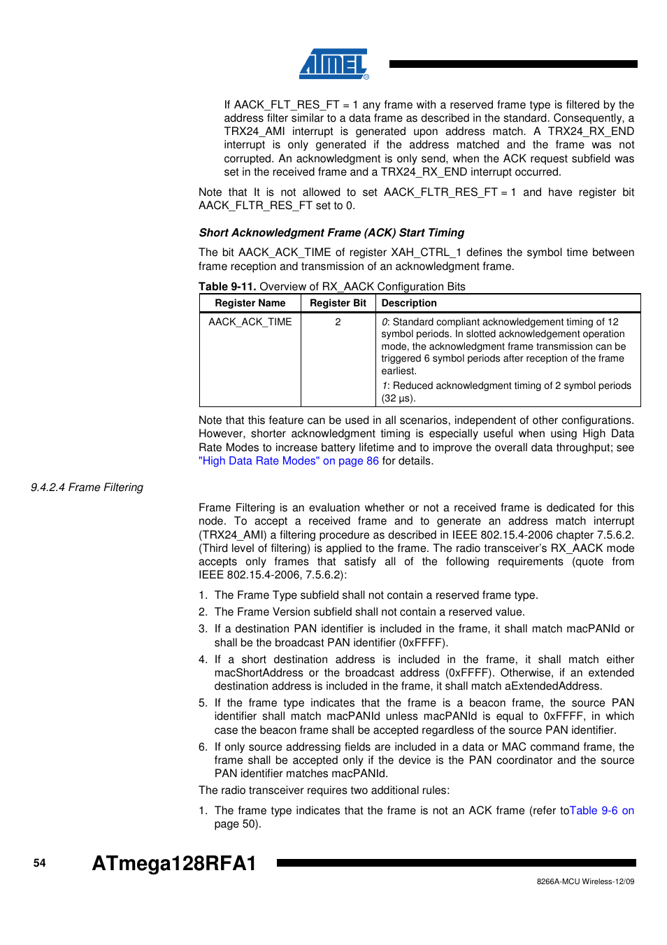 4 frame filtering, Frame filtering, Frame filtering" on | Frame, Filtering" on | Rainbow Electronics ATmega128RFA1 User Manual | Page 54 / 524