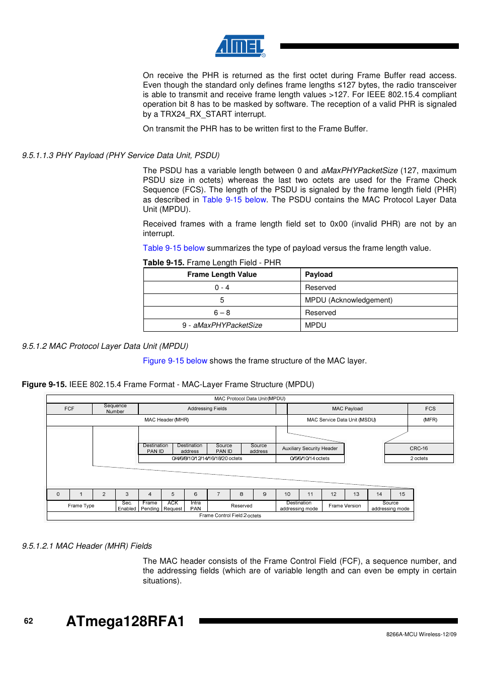 3 phy payload (phy service data unit, psdu), 2 mac protocol layer data unit (mpdu), 1 mac header (mhr) fields | Rainbow Electronics ATmega128RFA1 User Manual | Page 62 / 524