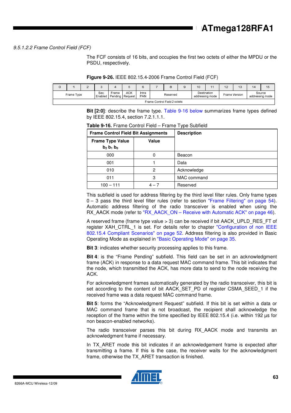 2 frame control field (fcf), Atmega128rfa1 | Rainbow Electronics ATmega128RFA1 User Manual | Page 63 / 524