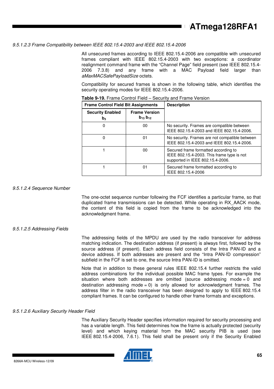 4 sequence number, 5 addressing fields, 6 auxiliary security header field | Atmega128rfa1 | Rainbow Electronics ATmega128RFA1 User Manual | Page 65 / 524