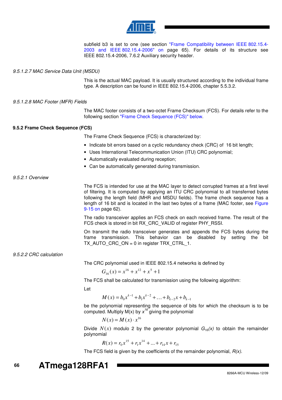 7 mac service data unit (msdu), 8 mac footer (mfr) fields, 2 frame check sequence (fcs) | 1 overview, 2 crc calculation, Frame check sequence (fcs)" on, Atmega128rfa1 | Rainbow Electronics ATmega128RFA1 User Manual | Page 66 / 524