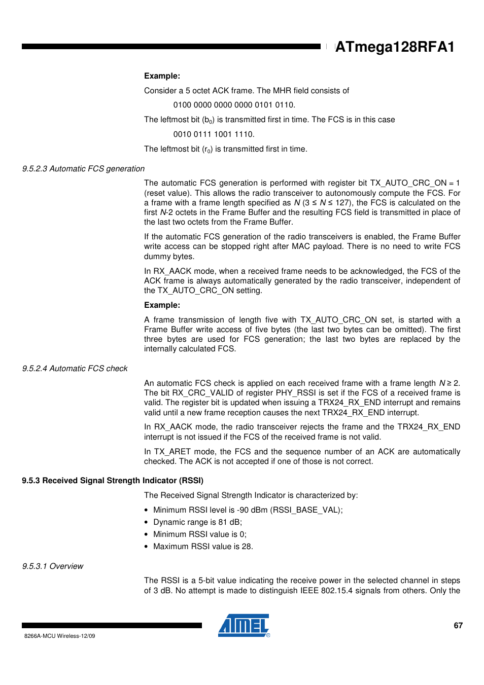 3 automatic fcs generation, 4 automatic fcs check, 3 received signal strength indicator (rssi) | 1 overview | Rainbow Electronics ATmega128RFA1 User Manual | Page 67 / 524