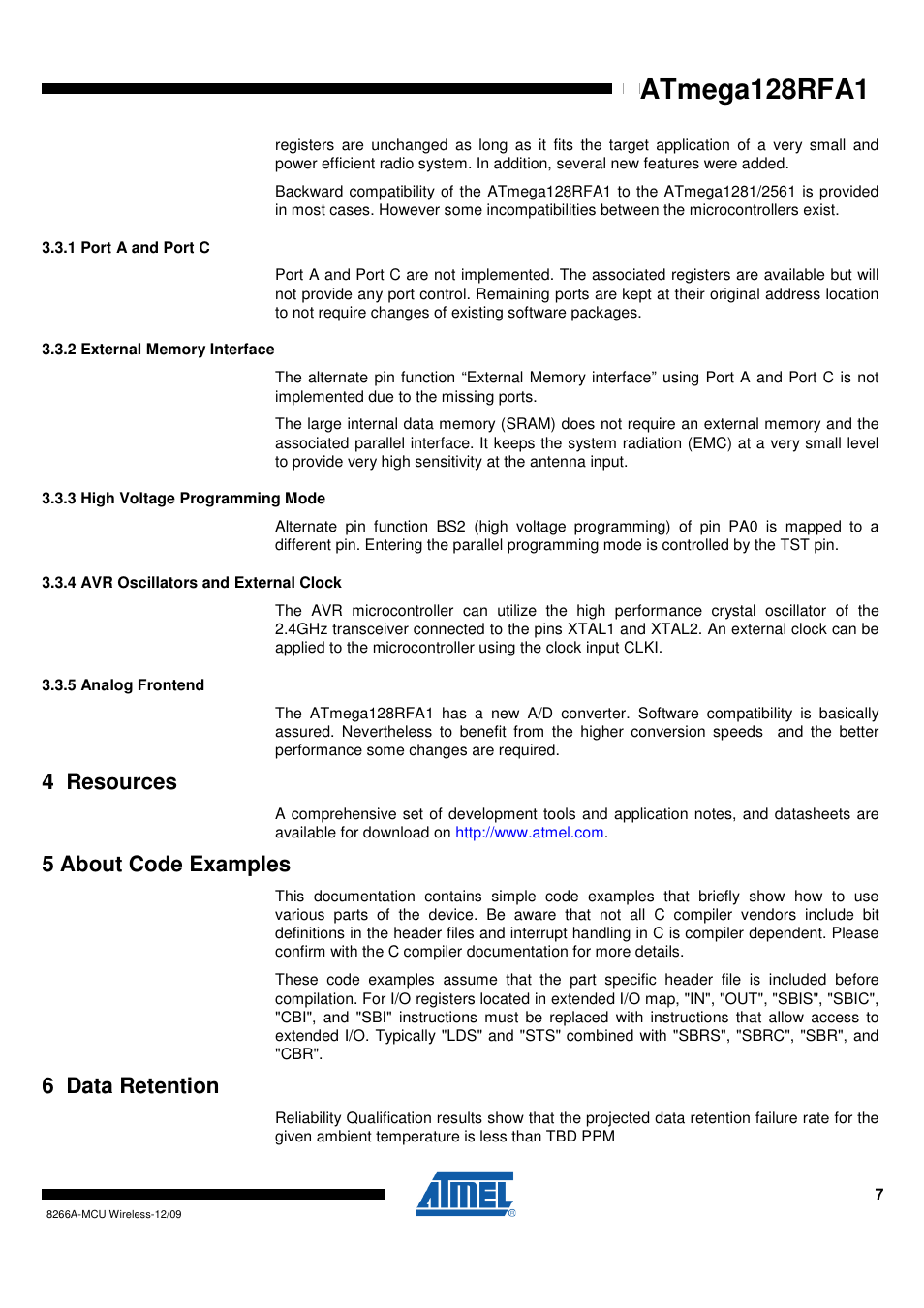 1 port a and port c, 2 external memory interface, 3 high voltage programming mode | 4 avr oscillators and external clock, 5 analog frontend, 4 resources, 5 about code examples, 6 data retention | Rainbow Electronics ATmega128RFA1 User Manual | Page 7 / 524