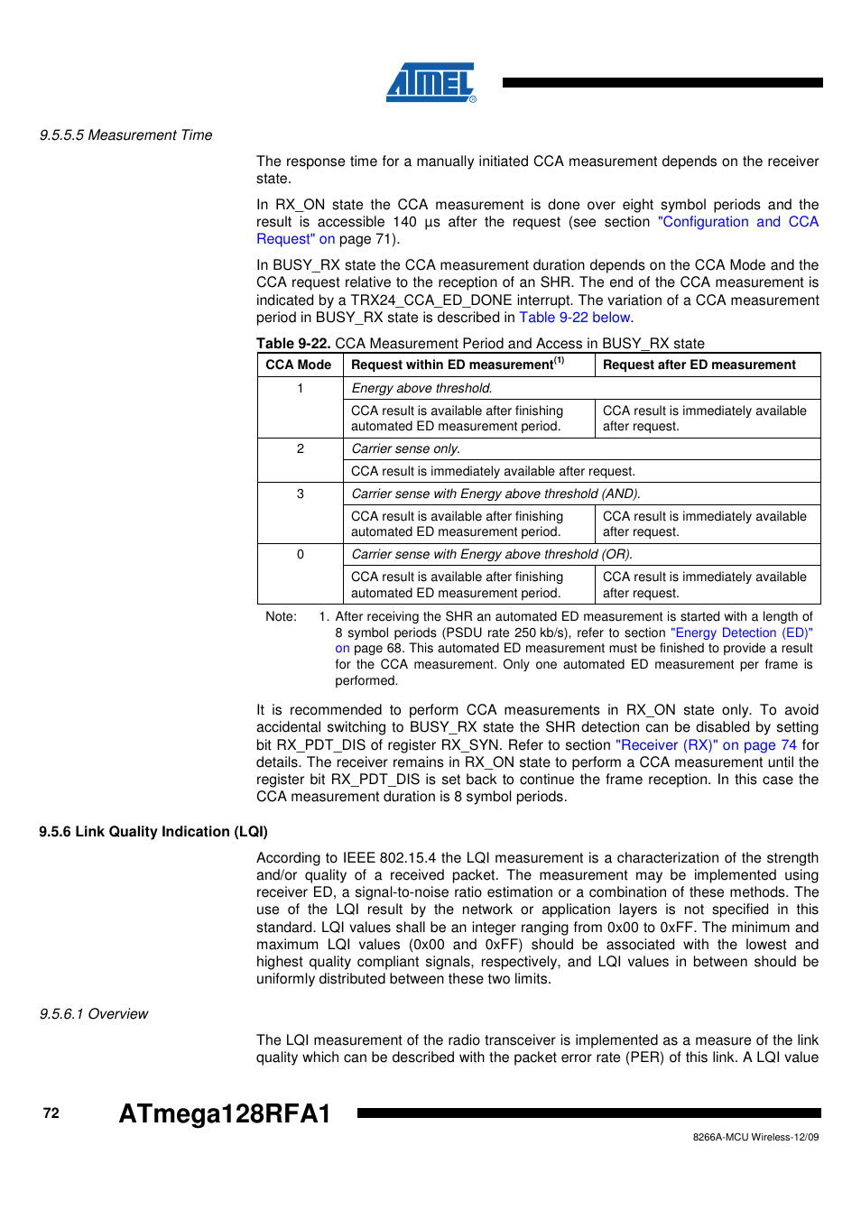 5 measurement time, 6 link quality indication (lqi), 1 overview | Atmega128rfa1 | Rainbow Electronics ATmega128RFA1 User Manual | Page 72 / 524
