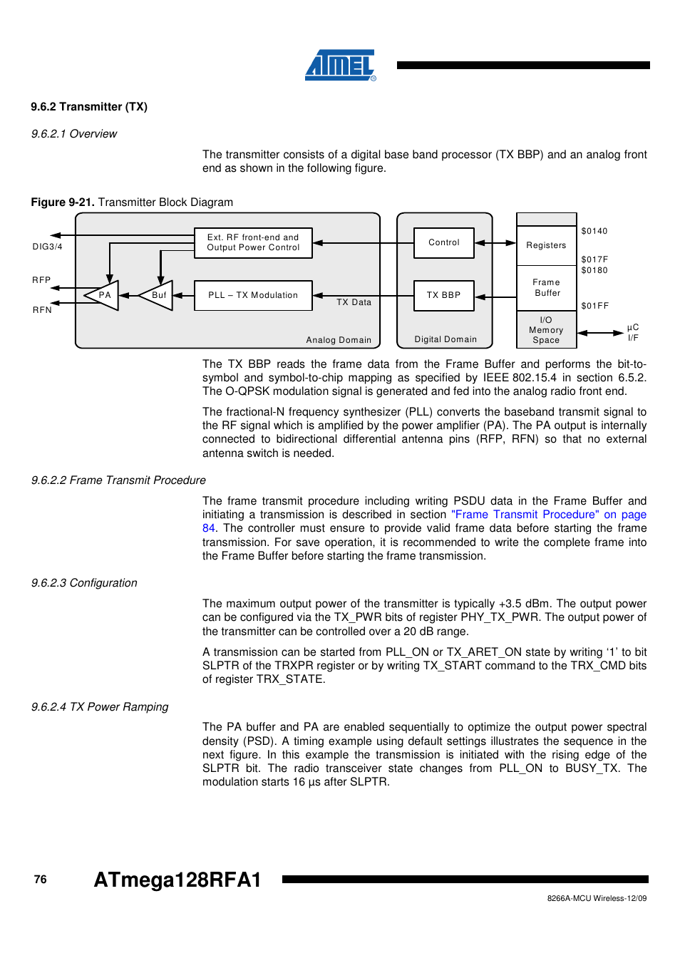 2 transmitter (tx), 1 overview, 2 frame transmit procedure | 3 configuration, 4 tx power ramping, Atmega128rfa1 | Rainbow Electronics ATmega128RFA1 User Manual | Page 76 / 524