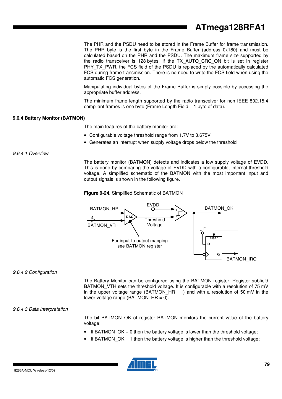 4 battery monitor (batmon), 1 overview, 2 configuration | 3 data interpretation, Atmega128rfa1 | Rainbow Electronics ATmega128RFA1 User Manual | Page 79 / 524