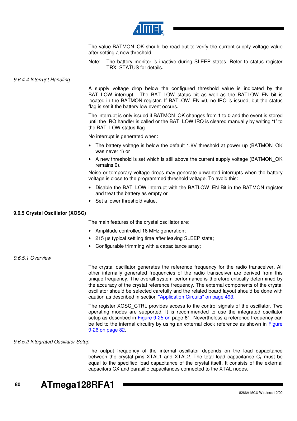 4 interrupt handling, 5 crystal oscillator (xosc), 1 overview | 2 integrated oscillator setup, Atmega128rfa1 | Rainbow Electronics ATmega128RFA1 User Manual | Page 80 / 524