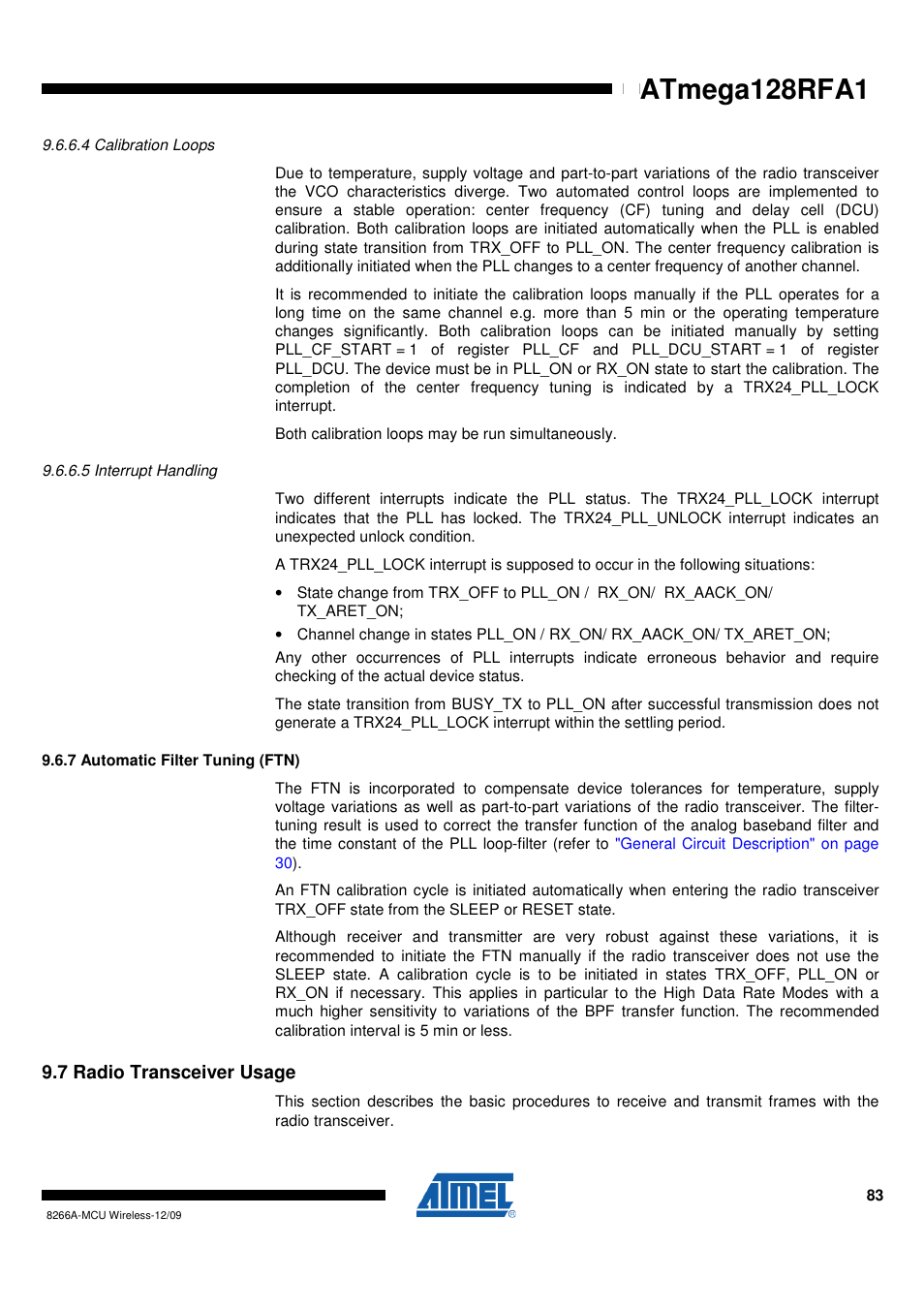 4 calibration loops, 5 interrupt handling, 7 automatic filter tuning (ftn) | 7 radio transceiver usage, Calibration, Calibration loops" on, Radio | Rainbow Electronics ATmega128RFA1 User Manual | Page 83 / 524