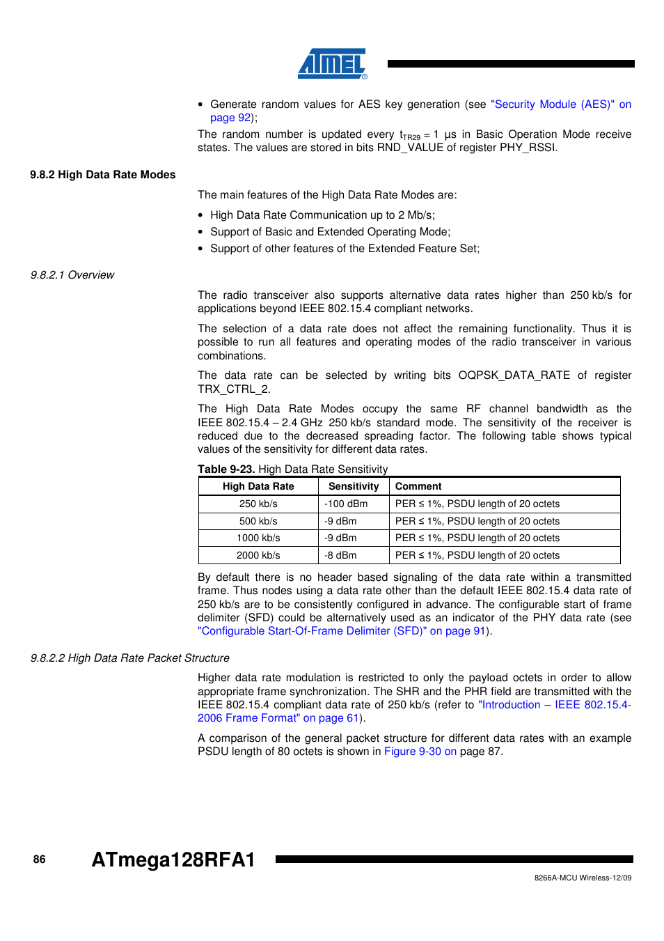 2 high data rate modes, 1 overview, 2 high data rate packet structure | High data rate modes" on, Atmega128rfa1 | Rainbow Electronics ATmega128RFA1 User Manual | Page 86 / 524