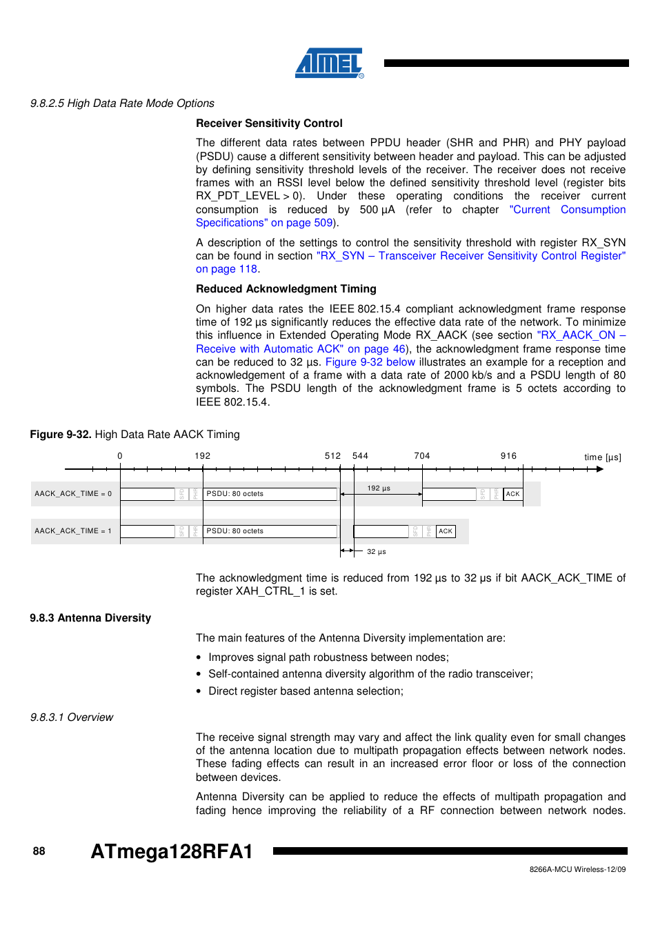 5 high data rate mode options, 3 antenna diversity, 1 overview | Atmega128rfa1 | Rainbow Electronics ATmega128RFA1 User Manual | Page 88 / 524