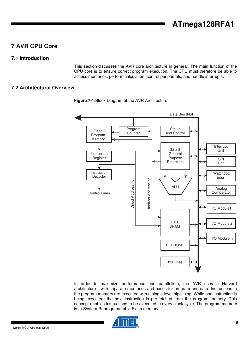 7 avr cpu core, 1 introduction, 2 architectural overview | Atmega128rfa1 | Rainbow Electronics ATmega128RFA1 User Manual | Page 9 / 524