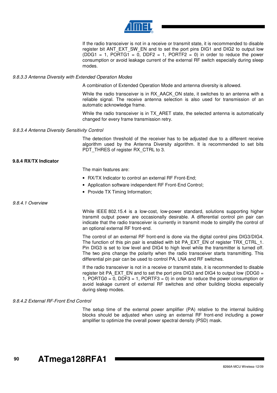 3 antenna diversity with extended operation modes, 4 antenna diversity sensitivity control, 4 rx/tx indicator | 1 overview, 2 external rf-front end control | Rainbow Electronics ATmega128RFA1 User Manual | Page 90 / 524