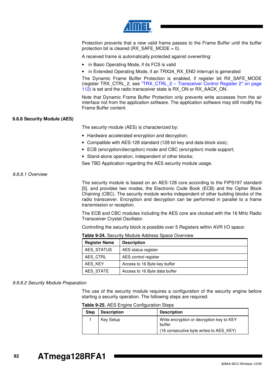 8 security module (aes), 1 overview, 2 security module preparation | Security module (aes)" on, Atmega128rfa1 | Rainbow Electronics ATmega128RFA1 User Manual | Page 92 / 524