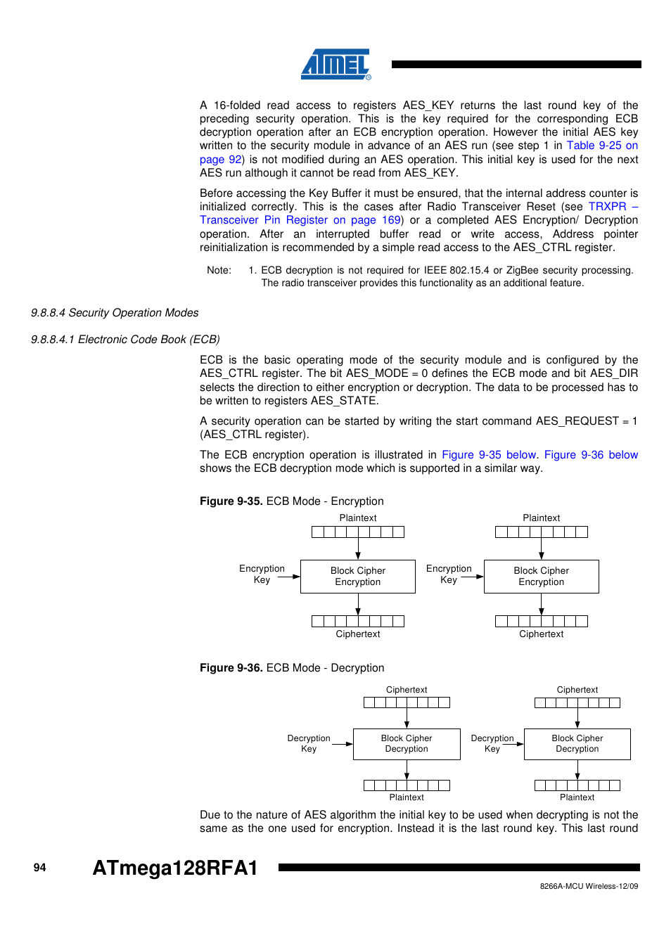 4 security operation modes, 1 electronic code book (ecb), Atmega128rfa1 | Rainbow Electronics ATmega128RFA1 User Manual | Page 94 / 524