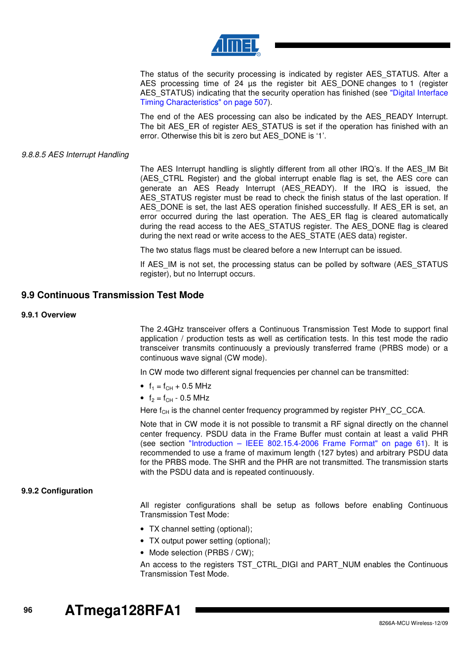 5 aes interrupt handling, 9 continuous transmission test mode, 1 overview | 2 configuration, Atmega128rfa1 | Rainbow Electronics ATmega128RFA1 User Manual | Page 96 / 524
