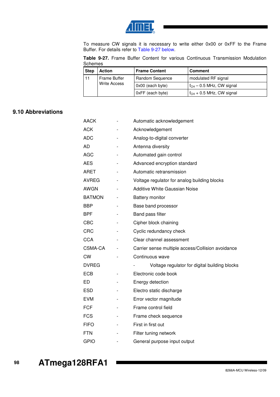 10 abbreviations, Table 9-27 on, Atmega128rfa1 | Rainbow Electronics ATmega128RFA1 User Manual | Page 98 / 524