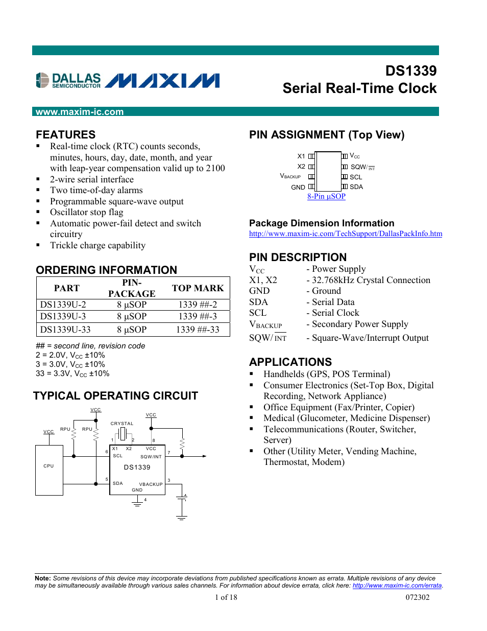 Rainbow Electronics DS1339 User Manual | 18 pages