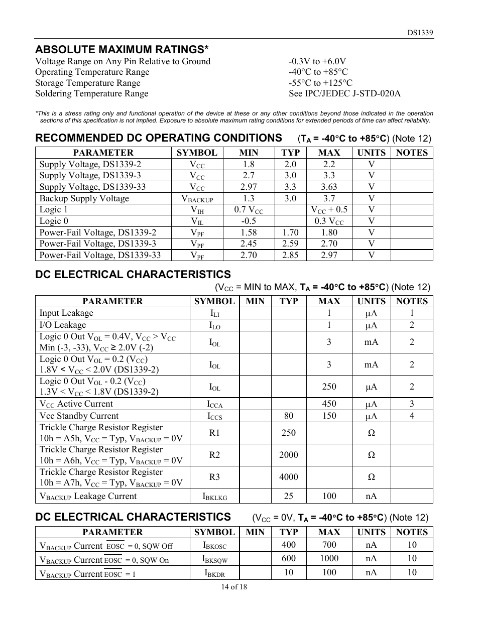 Absolute maximum ratings, Recommended dc operating conditions, Dc electrical characteristics | Rainbow Electronics DS1339 User Manual | Page 14 / 18