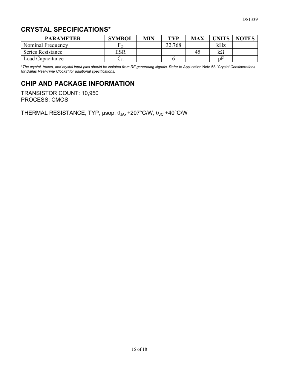 Crystal specifications, Chip and package information | Rainbow Electronics DS1339 User Manual | Page 15 / 18