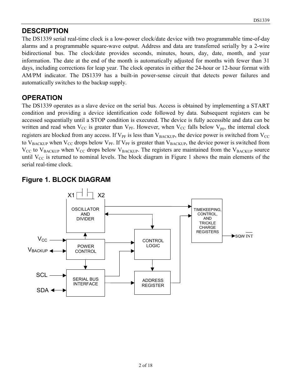 Description, Operation, Figure 1. block diagram | Rainbow Electronics DS1339 User Manual | Page 2 / 18