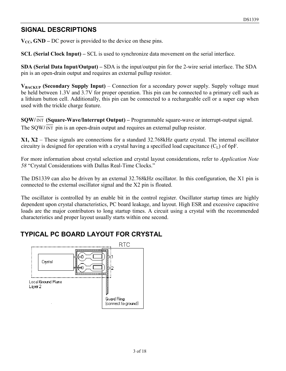 Signal descriptions, Typical pc board layout for crystal | Rainbow Electronics DS1339 User Manual | Page 3 / 18