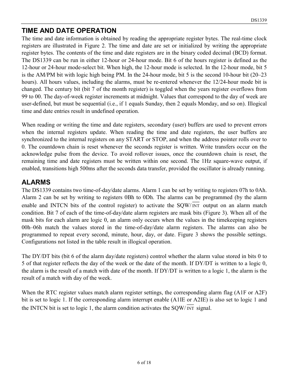 Time and date operation, Alarms | Rainbow Electronics DS1339 User Manual | Page 6 / 18