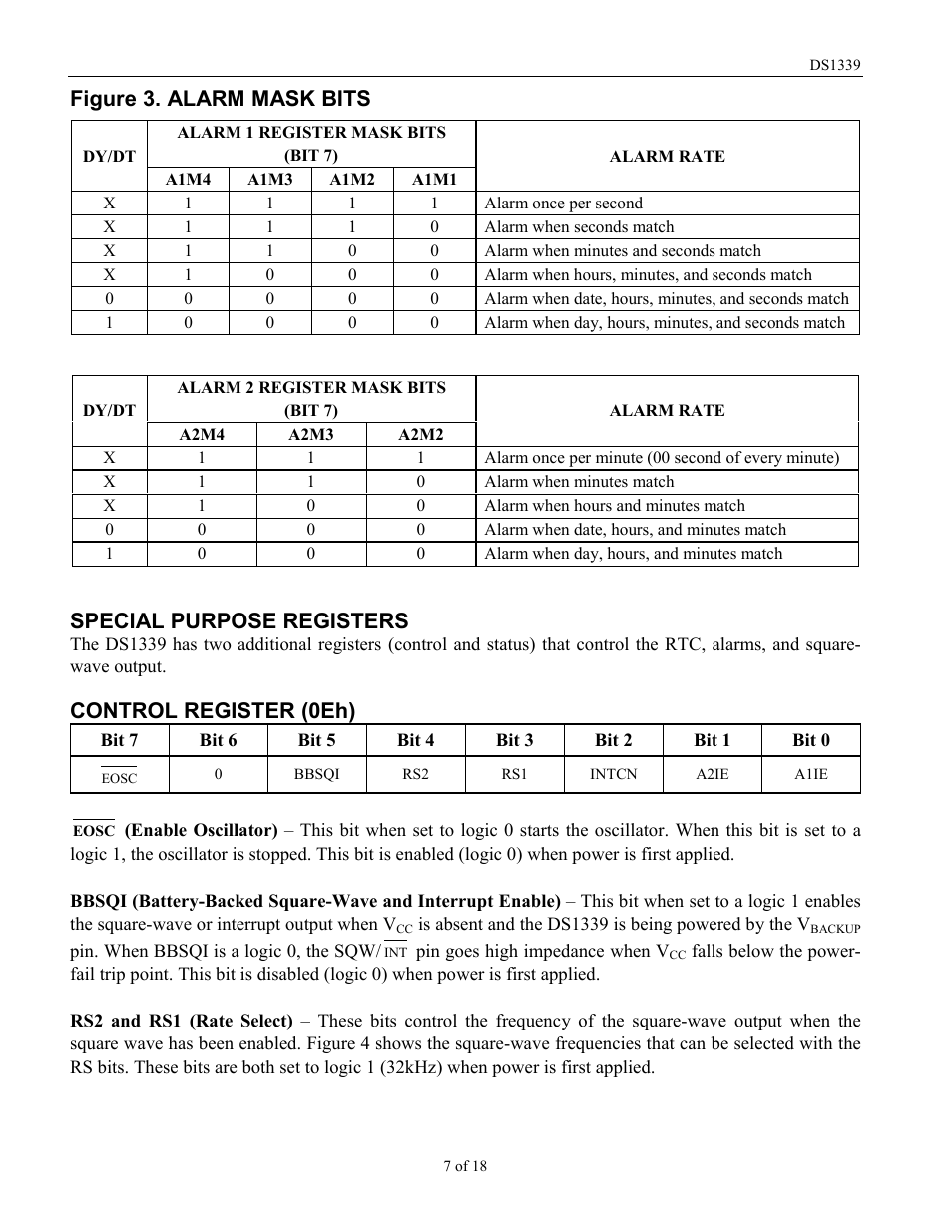 Figure 3. alarm mask bits, Special purpose registers, Control register (0eh) | Rainbow Electronics DS1339 User Manual | Page 7 / 18