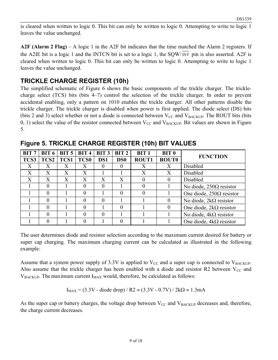 Trickle charge register (10h), Figure 5. trickle charge register (10h) bit values | Rainbow Electronics DS1339 User Manual | Page 9 / 18