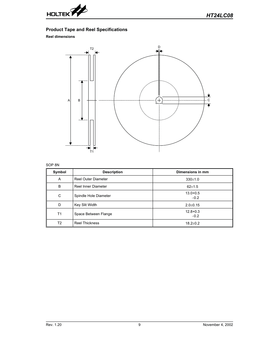Product tape and reel specifications, Ht24lc08 | Rainbow Electronics HT24LC08 User Manual | Page 9 / 11