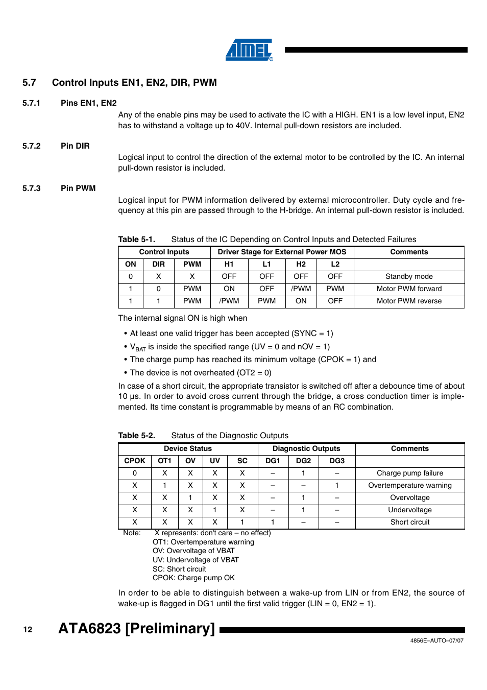 Ata6823 [preliminary, 7 control inputs en1, en2, dir, pwm | Rainbow Electronics ATA6823 User Manual | Page 12 / 28