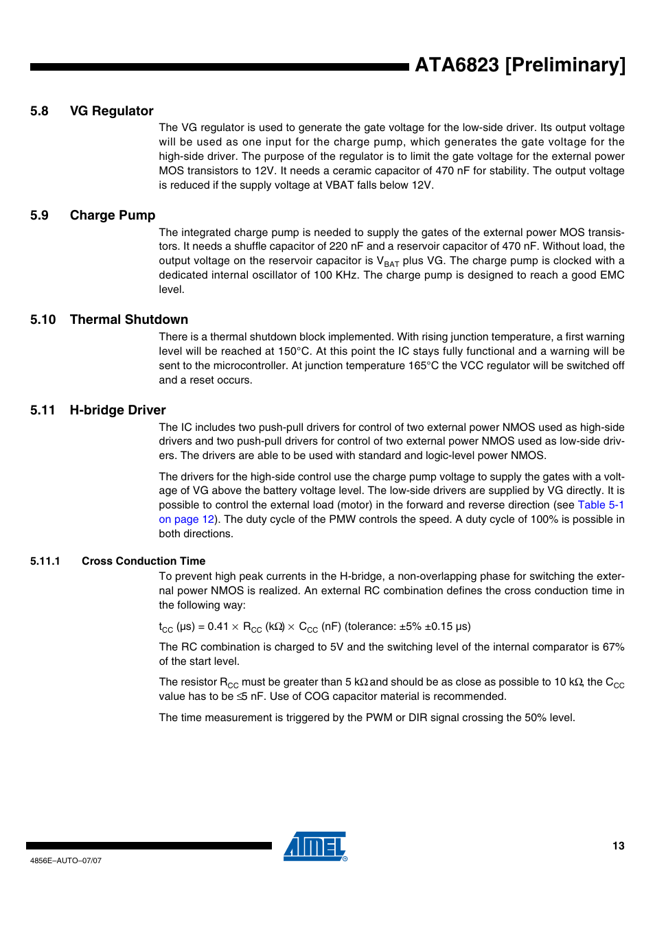 Ata6823 [preliminary, 8 vg regulator, 9 charge pump | 10 thermal shutdown, 11 h-bridge driver | Rainbow Electronics ATA6823 User Manual | Page 13 / 28