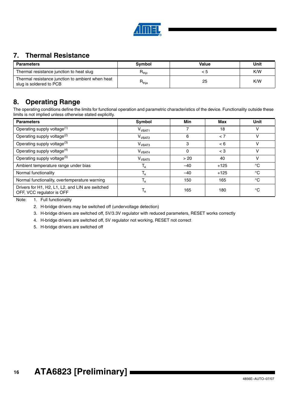 Ata6823 [preliminary, Thermal resistance, Operating range | Rainbow Electronics ATA6823 User Manual | Page 16 / 28