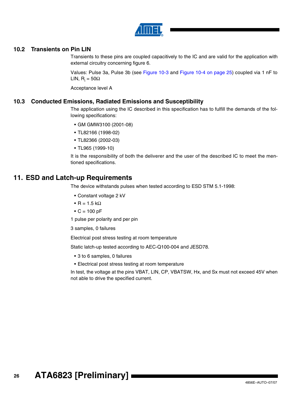 Ata6823 [preliminary, Esd and latch-up requirements | Rainbow Electronics ATA6823 User Manual | Page 26 / 28