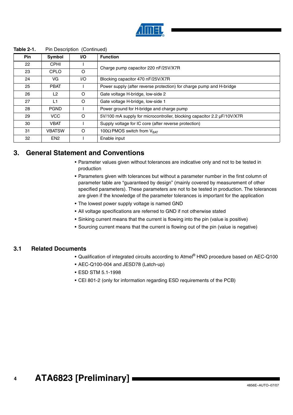 Ata6823 [preliminary, General statement and conventions, 1 related documents | Rainbow Electronics ATA6823 User Manual | Page 4 / 28