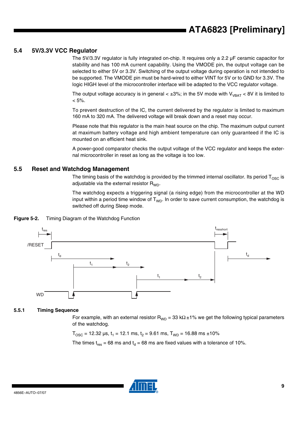 Ata6823 [preliminary, 4 5v/3.3v vcc regulator, 5 reset and watchdog management | Rainbow Electronics ATA6823 User Manual | Page 9 / 28