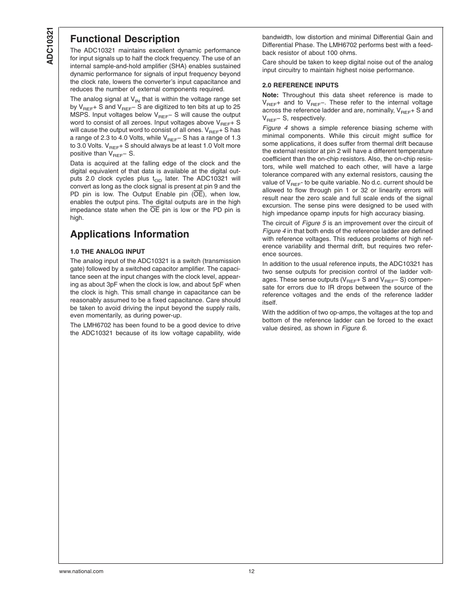 Functional description, Applications information, 0 the analog input | 0 reference inputs | Rainbow Electronics ADC10321 User Manual | Page 12 / 18