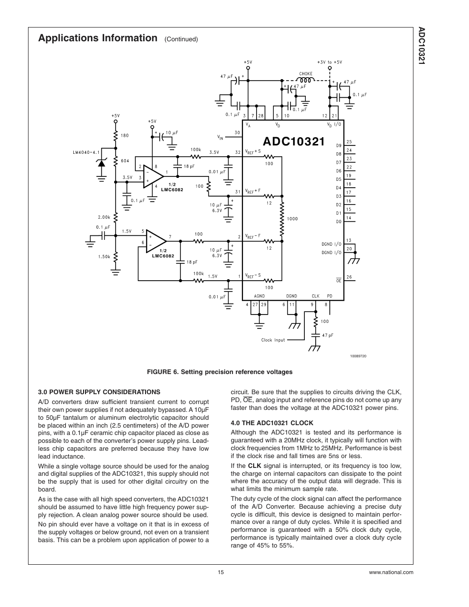 Figure 6. setting precision reference voltages, 0 power supply considerations, 0 the adc10321 clock | Figure 6, Applications information | Rainbow Electronics ADC10321 User Manual | Page 15 / 18