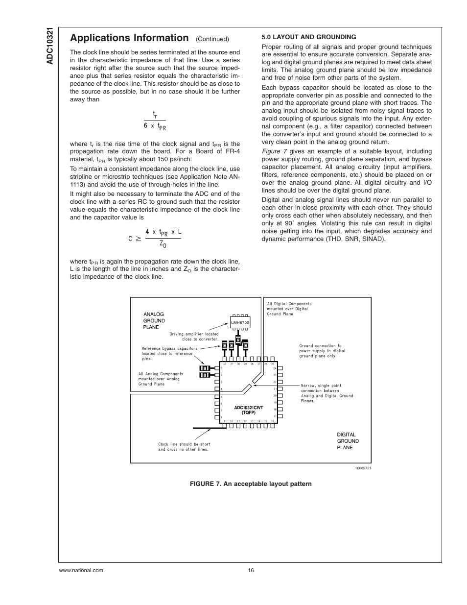 0 layout and grounding, Figure 7. an acceptable layout pattern, Applications information | Rainbow Electronics ADC10321 User Manual | Page 16 / 18