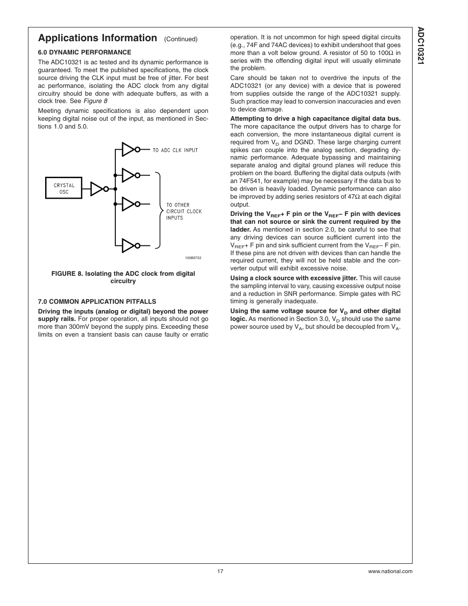 0 dynamic performance, 0 common application pitfalls, Applications information | Rainbow Electronics ADC10321 User Manual | Page 17 / 18