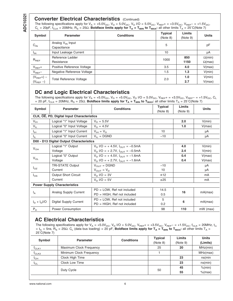 Dc and logic electrical characteristics, Ac electrical characteristics, Converter electrical characteristics | Rainbow Electronics ADC10321 User Manual | Page 6 / 18