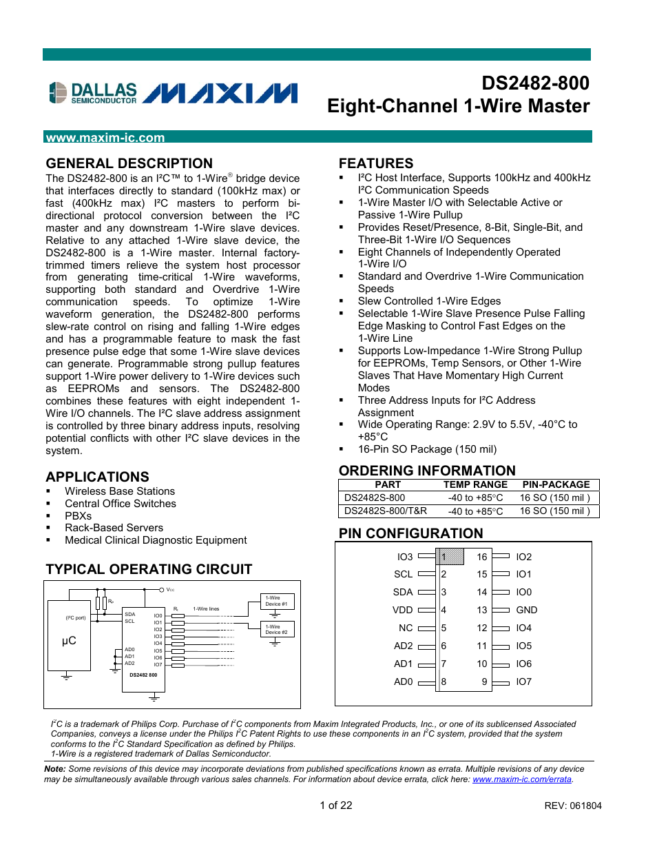 Rainbow Electronics DS2482-800 User Manual | 22 pages