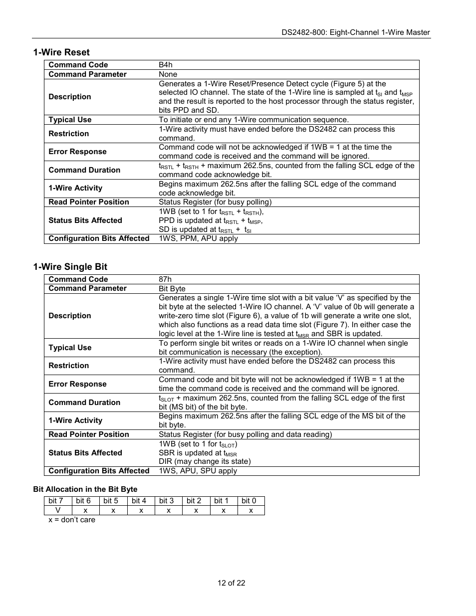 Wire reset, Wire single bit | Rainbow Electronics DS2482-800 User Manual | Page 12 / 22