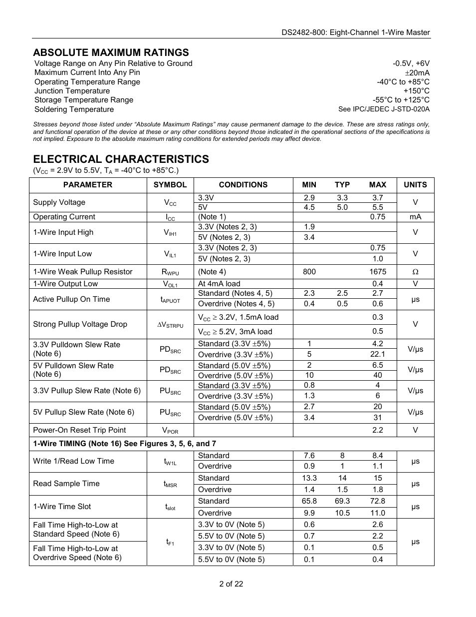 Electrical characteristics, Absolute maximum ratings | Rainbow Electronics DS2482-800 User Manual | Page 2 / 22