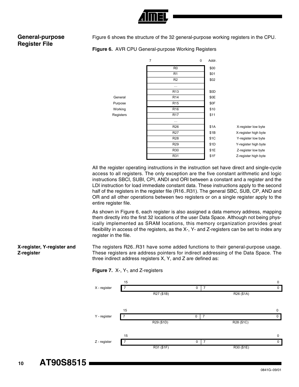 General-purpose register file, Xregister, yregister and zregister | Rainbow Electronics AT90S8515 User Manual | Page 10 / 112