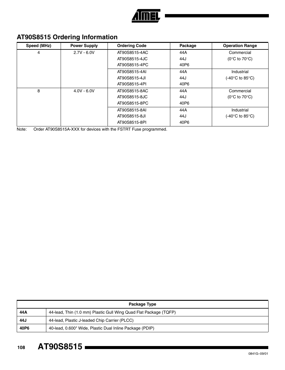 At90s8515 ordering information | Rainbow Electronics AT90S8515 User Manual | Page 108 / 112